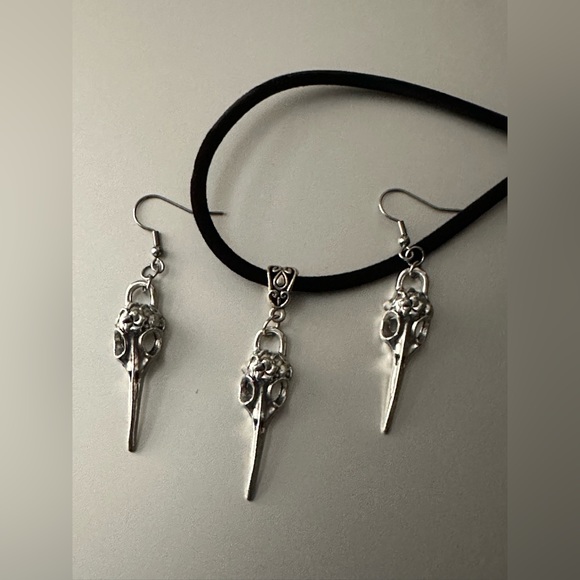 CROW RAVEN BIRD SKULL Pendant Silver Necklace Earrings Set Men Gothic Punk Biker - Picture 4 of 10